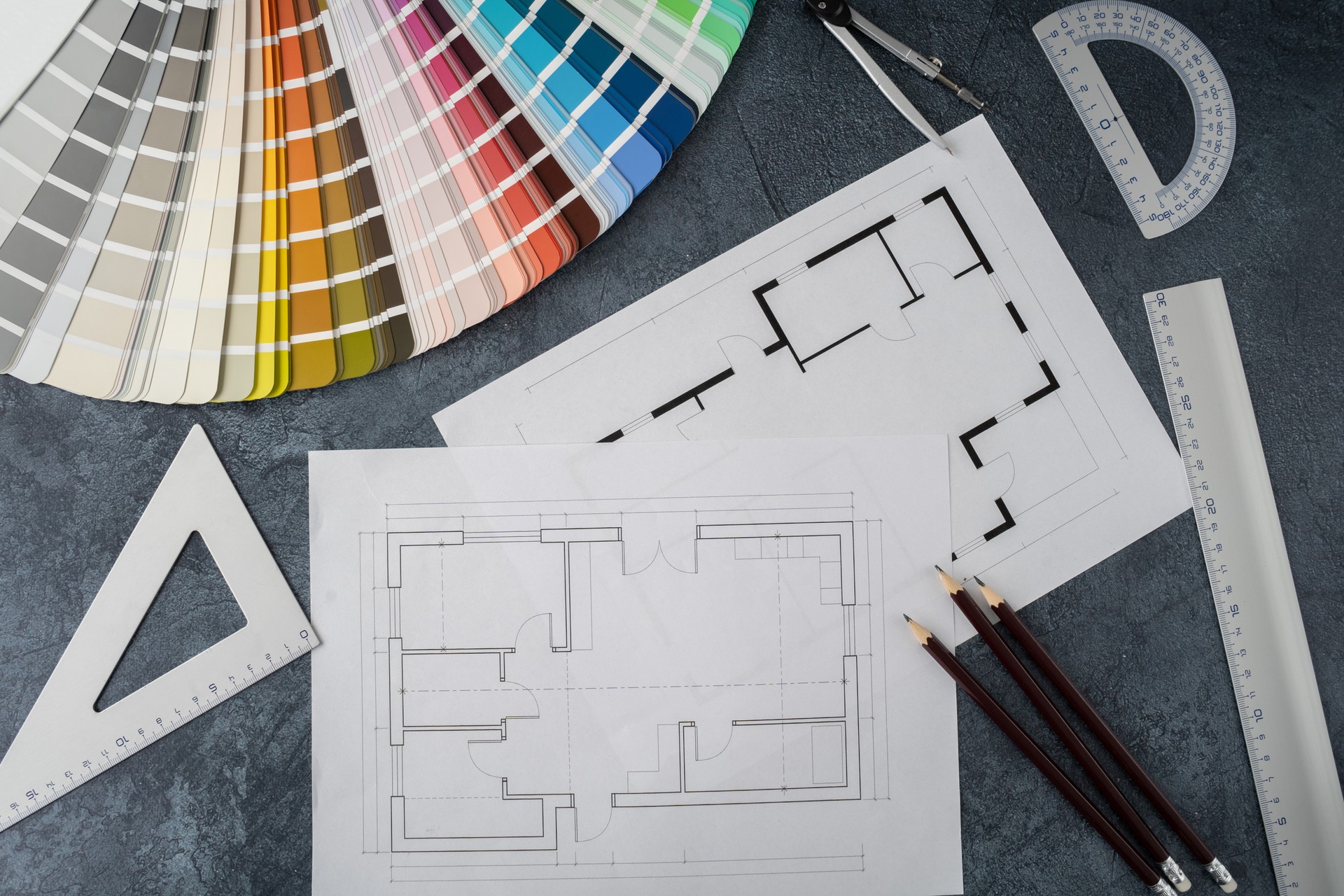 Interior design concept. Color scheme palette guide catalog with colour swatches, blueprints and accessories for architect.